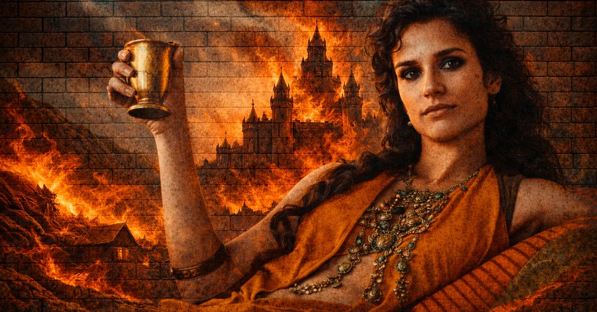 Ellaria Sand lies across an elgant chairr, wine glass in hand wearing a beautful dress as the castle she owns burns behind her