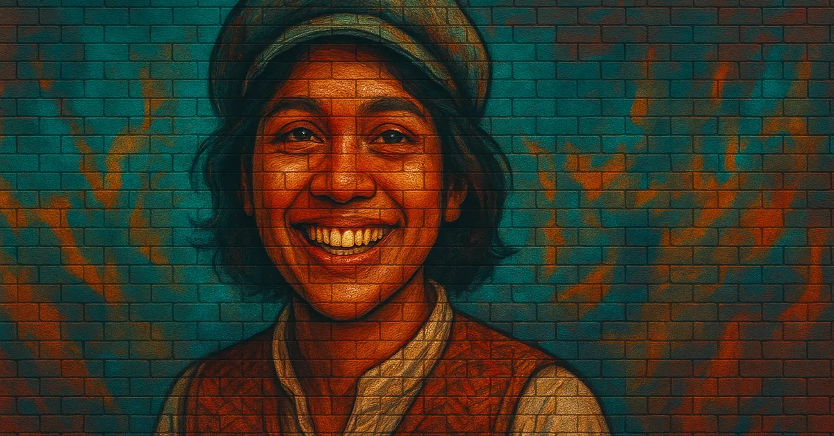 hyper-realistic street art of Ellie Peck, a cheerful woman with a wide smile wearing a flat cap and vest depicted on a textured brick wall