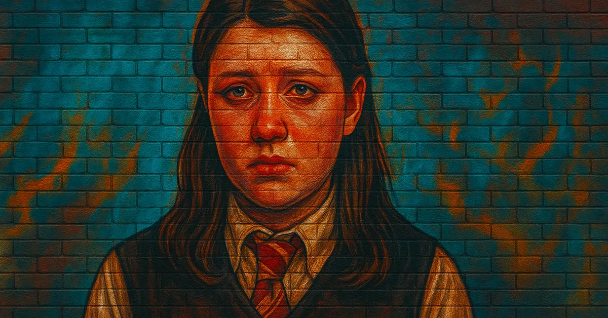 graffiti portrait of Eloise Midgeon, a young witch with visible facial blemishes and a sorrowful expression wearing a school uniform
