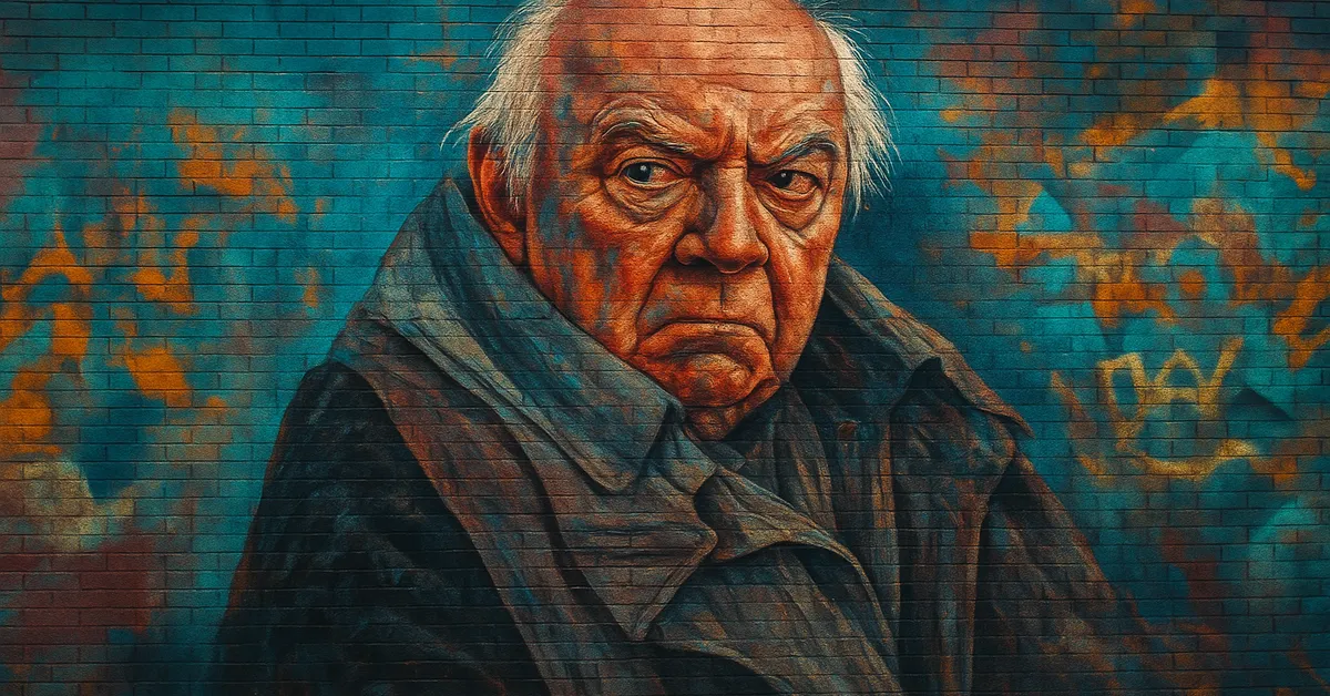 mural of Elphias Doge, an elderly wizard with thinning white hair and a wheezy expression wearing a thick travelling cloak