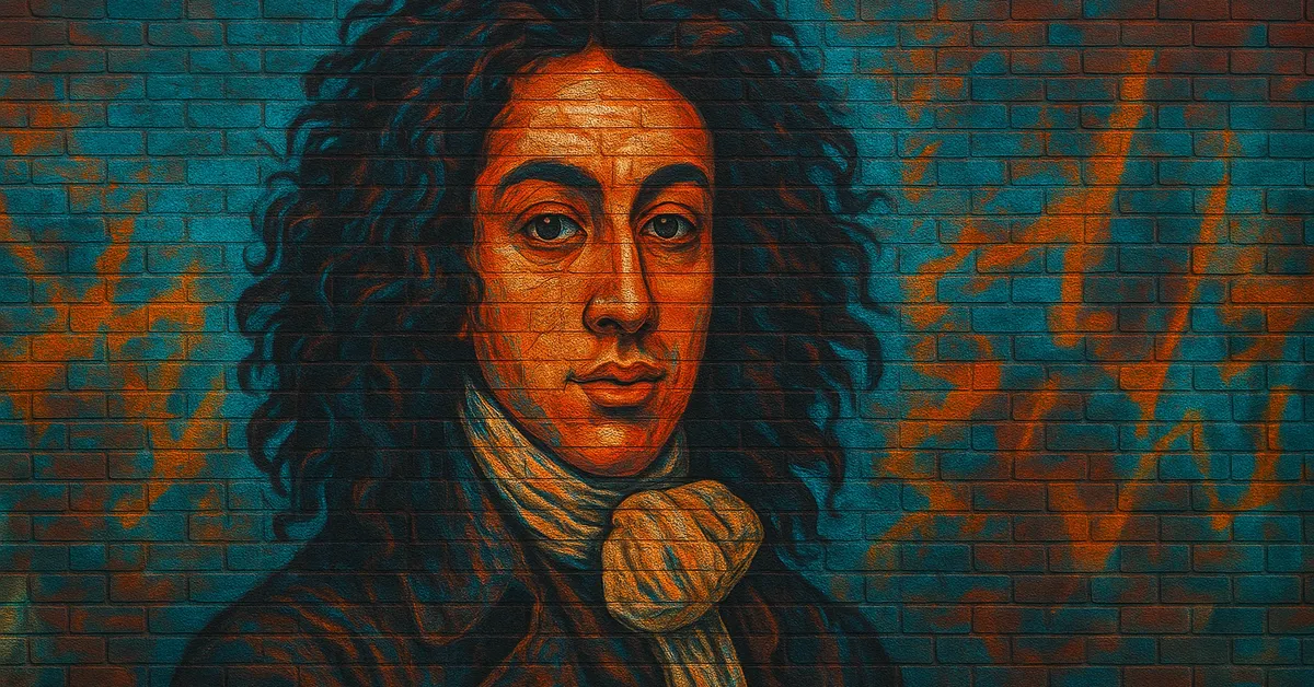 painting of Emeric Switch, a historical wizard with dark curly hair and a cravat looking scholarly as the author of A Beginner's Guide to Transmutation