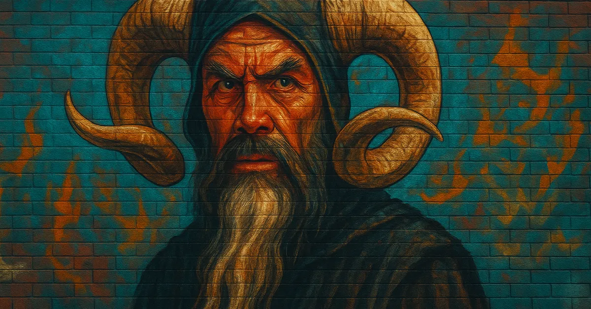 street art of Emeric the Evil, a terrifying dark wizard with large curved horns and a long grey beard staring menacingly