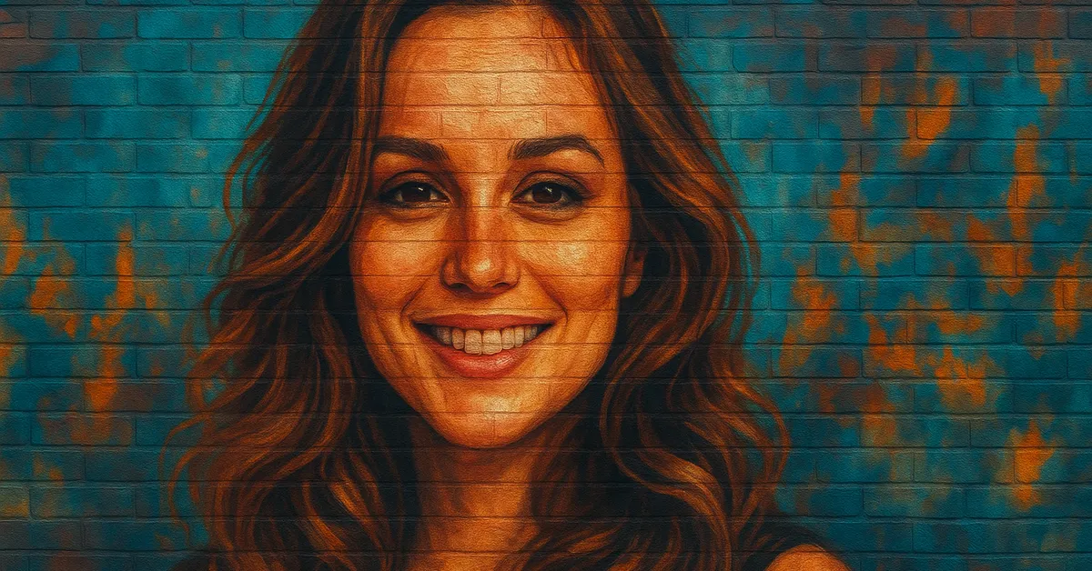graffiti portrait of Emma Dobbs, a young girl with wavy brown hair and a cheerful smile wearing a black dress on a brick surface
