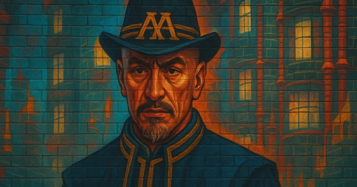 painting of Eric Munch, a stern wizard with a goatee wearing a hat emblazoned with the Ministry of Magic "M" logo