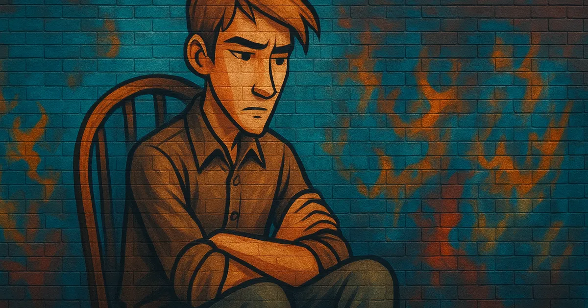street art of Eric Whalley, a young boy sitting on a chair with folded arms and a grumpy expression against a blue brick background