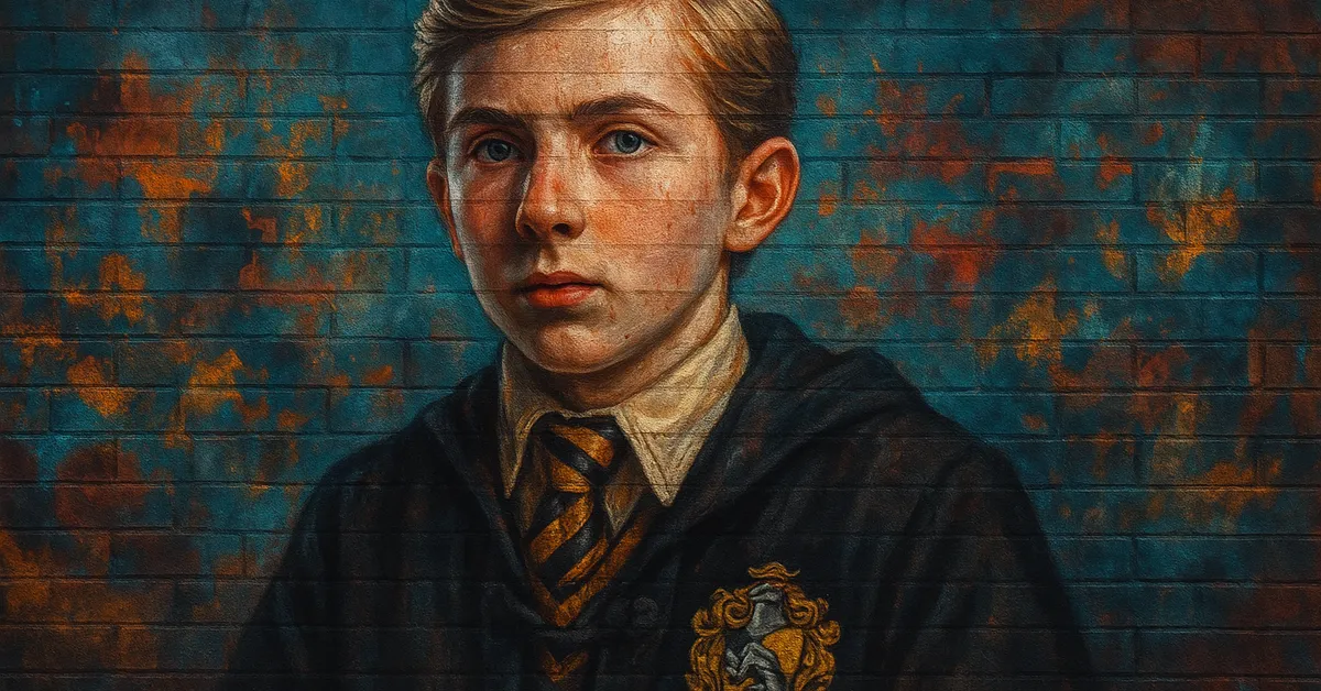 graffiti portrait of Ernest Macmillan, a blonde Hufflepuff student with a serious and slightly pompous expression wearing a tie