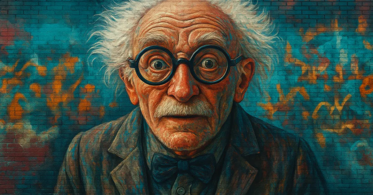 hyper-realistic street art of ernie prang depicting an elderly wizard with wild white hair and thick magnifying spectacles wearing a bow tie and looking erratic as the driver of the knight bus