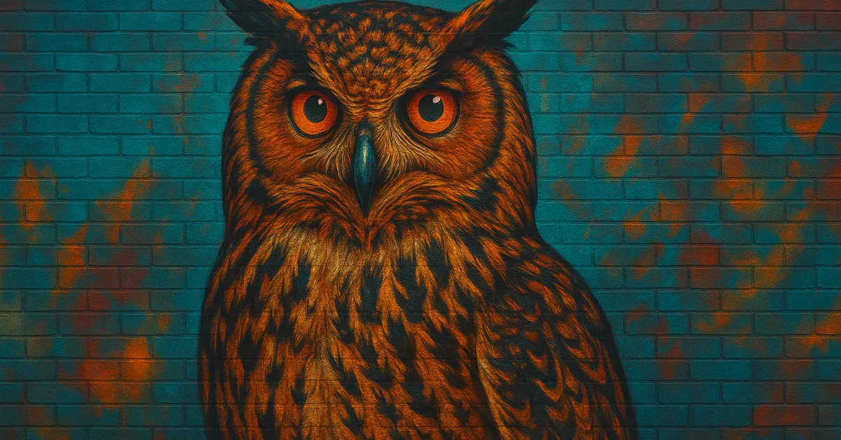 graffiti mural of errol the owl featuring a large ragged bird with orange and brown feathers staring blankly forward representing the elderly post owl of the weasley family