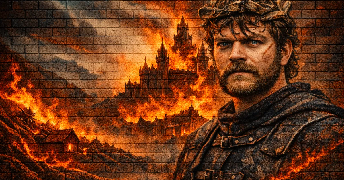 Euron Greyjoy stands with his makeshift crown looking confused as his castle burns behind him in wild flames