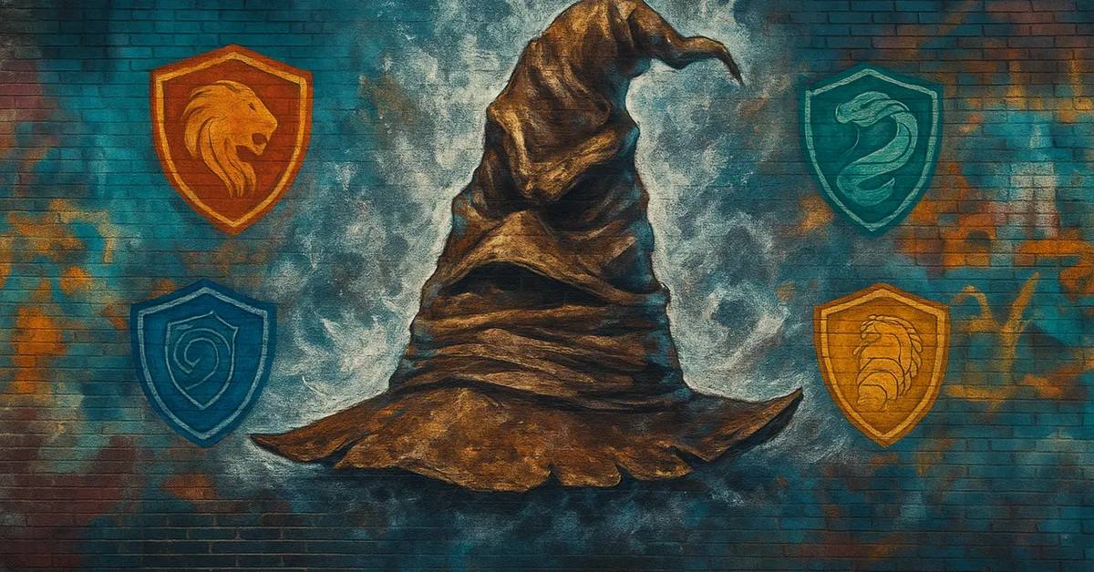 A mural of the Sorting Hat surrounded by the crests of Gryffindor Slytherin Ravenclaw and Hufflepuff on a blue brick wall