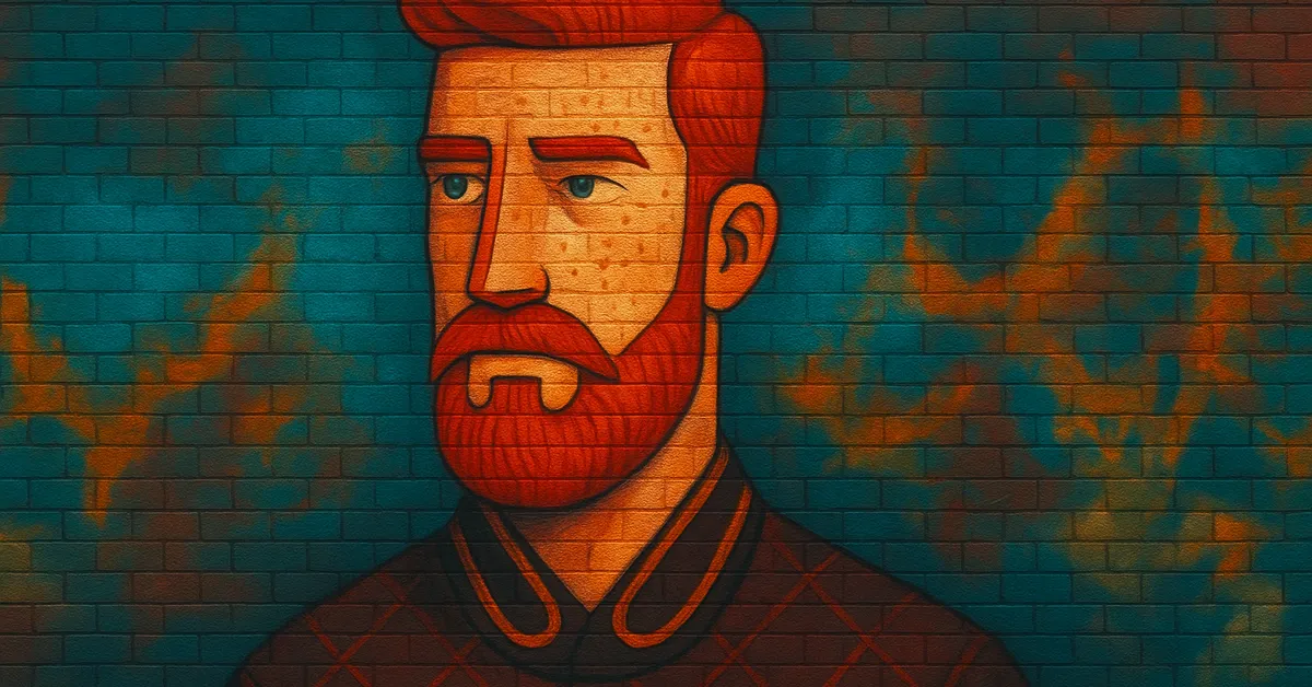 hyper-realistic street art of fabian prewett depicting a handsome man with vibrant red hair and beard looking sideways with a thoughtful expression typical of the prewett brothers