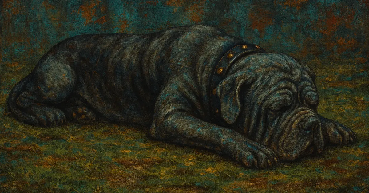 graffiti mural of fang the boarhound lying down with a studded collar capturing the droopy jowls and gentle nature of hagrids loyal dog