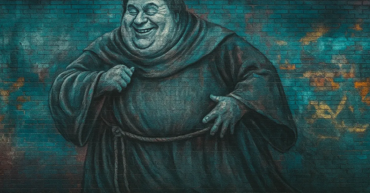 painting of the fat friar as a joyous monk with a wide grin and closed eyes holding his robes while floating against a blue brick background