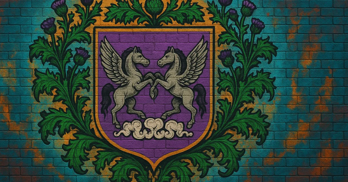 graffiti mural of the fawley family crest featuring two rearing pegasus figures on a purple shield surrounded by green thistles painted on a textured wall