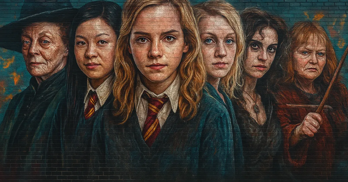 A mural of Professor McGonagall Cho Chang Hermione Granger Luna Lovegood Bellatrix Lestrange and Molly Weasley standing in a row against a brick wall