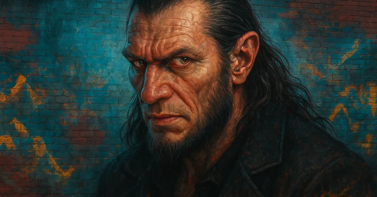 hyper-realistic mural of fenrir greyback the werewolf showing a rugged man with long matted hair and glowing eyes staring menacingly with a predatory expression