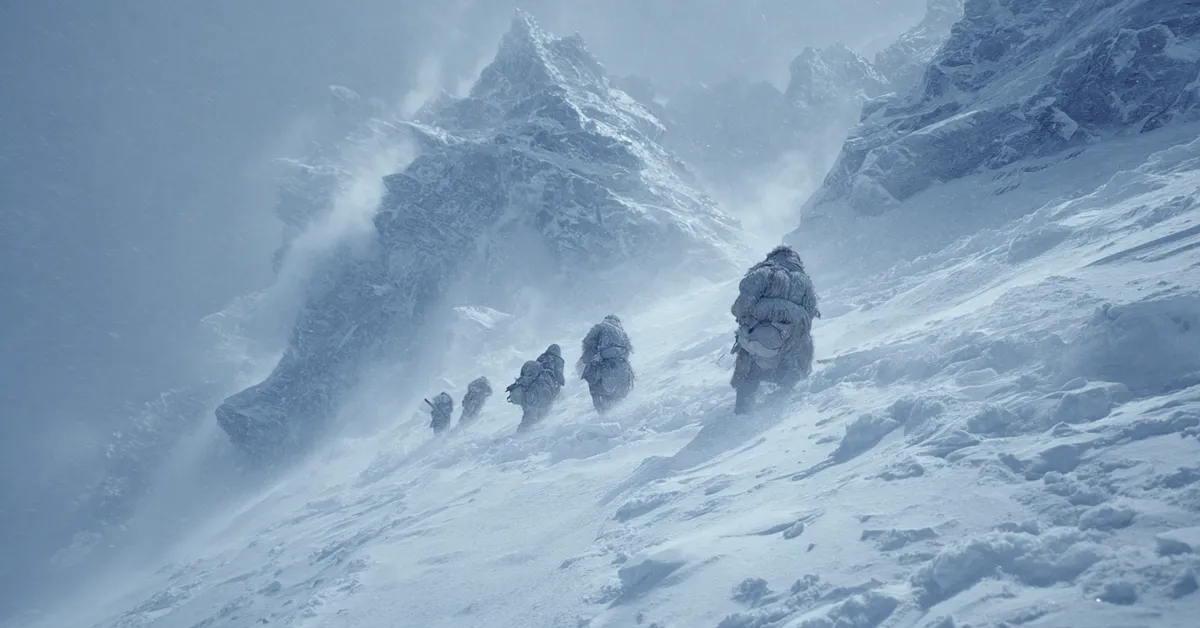 Heavily fur-clad figures struggle through waist-deep snow in a blinding blizzard near jagged peaks illustrating the extreme survival conditions beyond the Wall