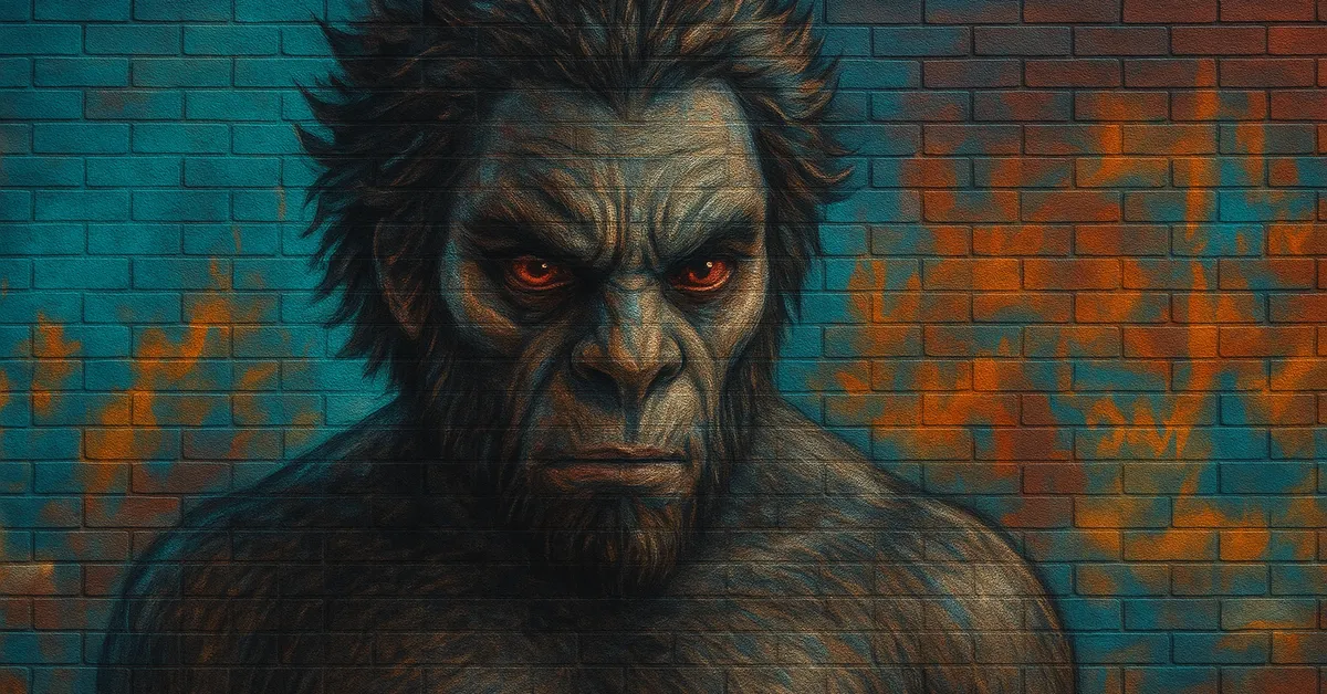 graffiti painting of firenze the centaur with piercing red eyes and wild dark hair staring intensely from the shadows of a brick wall