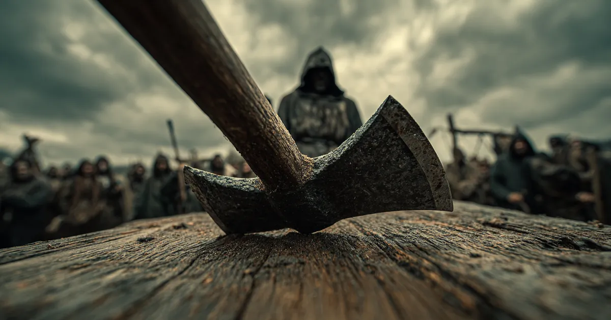 A first-person view looking up from a wooden block at a hooded executioner raising a rusted axe against a gray sky evoking a common fate in Westeros
