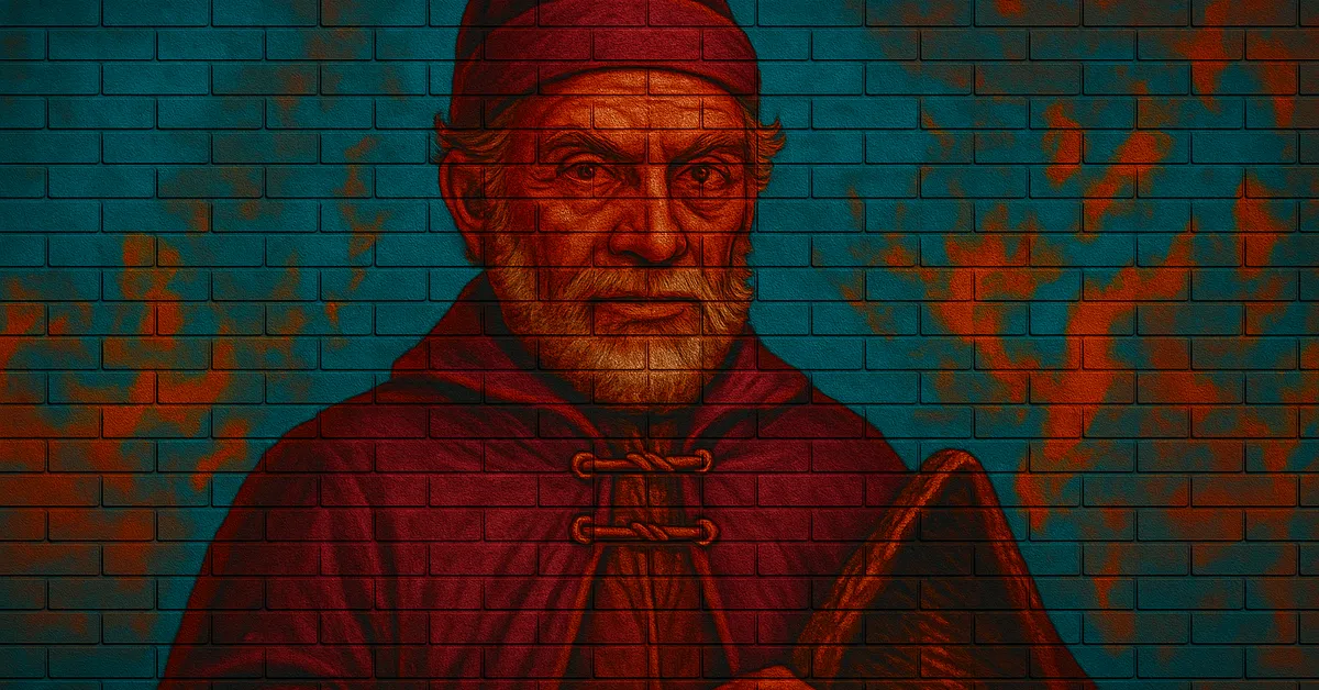 street art portrait of Flavius Belby, an elderly wizard with a beard and mustache wearing a cap and holding a shield