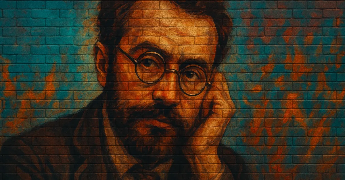 hyper-realistic street art of fleamont potter featuring a bespectacled wizard with messy hair leaning his face on his hand with a thoughtful expression representing the inventor of sleekeazys hair potion