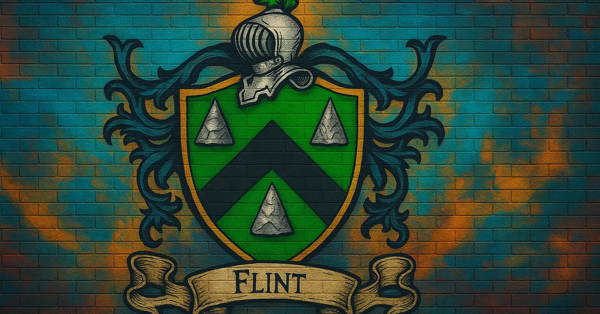 mural of the flint family crest displaying a green shield with black chevron and silver pyramids topped with a knights helmet painted on a textured brick wall