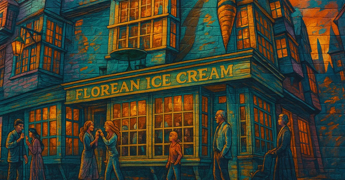 street art of florean fortescue depicting a friendly man standing outside his colorful ice cream parlour in diagon alley with patrons enjoying treats in the background