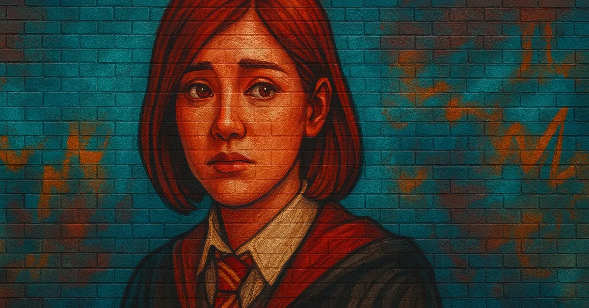 graffiti portrait of florence a young witch with shoulder length reddish brown hair and a hogwarts tie looking concerned against a blue brick background