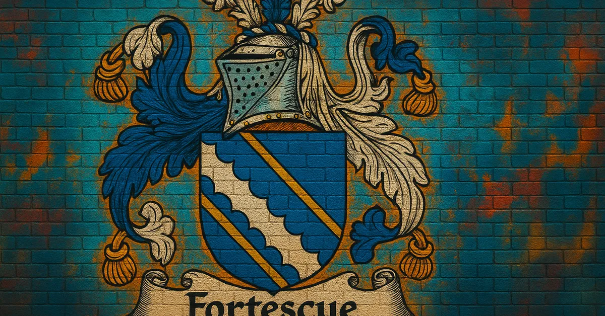 graffiti mural of the Fortescue Family crest featuring a blue shield with gold diagonal stripes and wavy lines topped with a silver knight's helmet on a brick wall