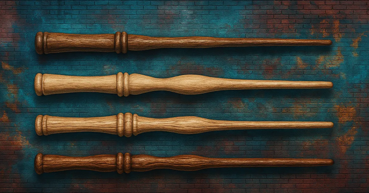 A mural of four smooth light toned wooden wands lined horizontally against a blue brick wall with subtle orange accents