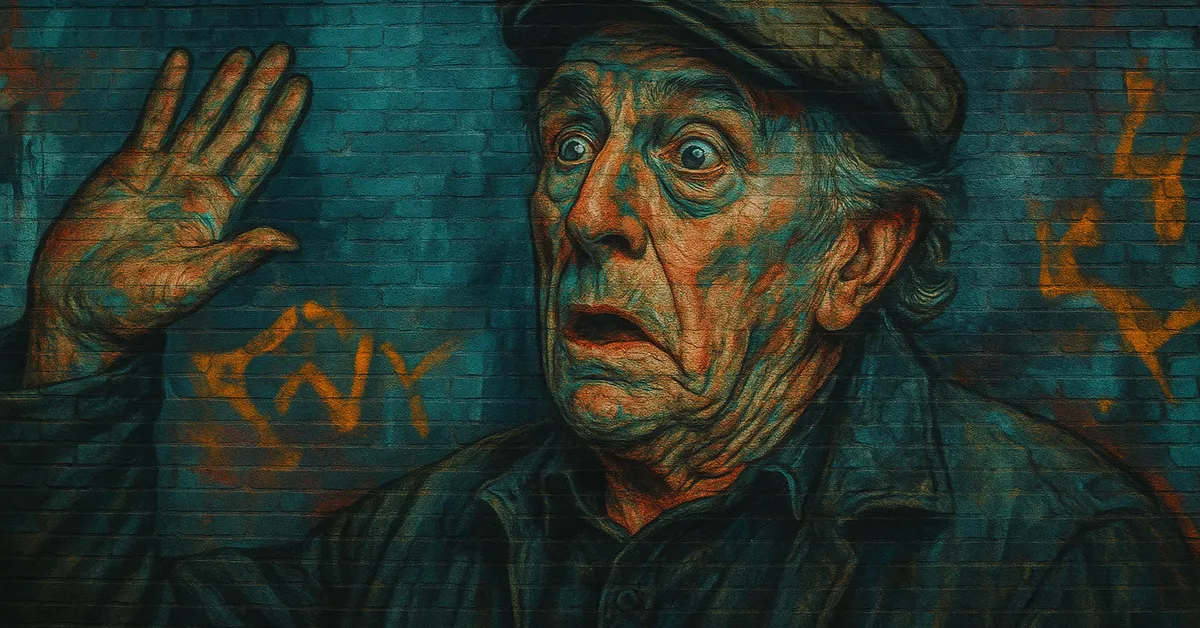 hyper-realistic street art of Frank Bryce depicting an elderly man with a flat cap looking terrified with a hand raised in defense on a textured wall