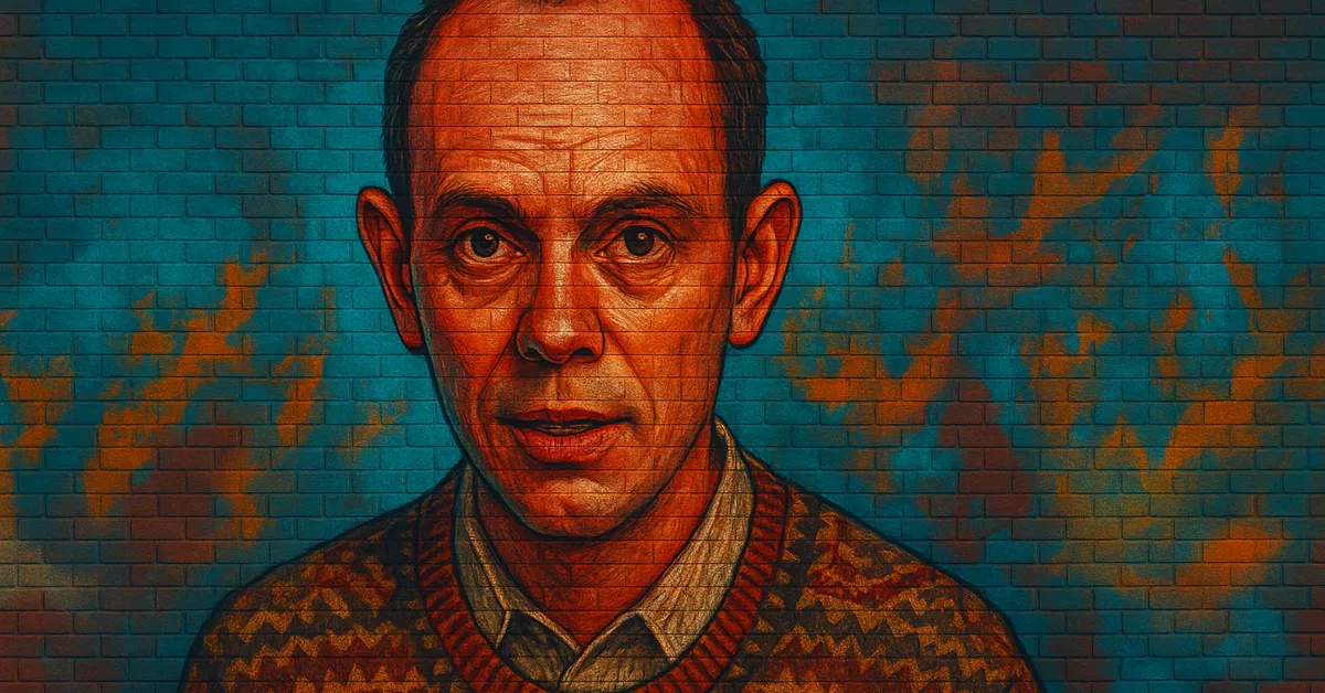 painting of Frank Longbottom as a young man with short dark hair and large expressive eyes wearing a casual patterned sweater against a blue brick background