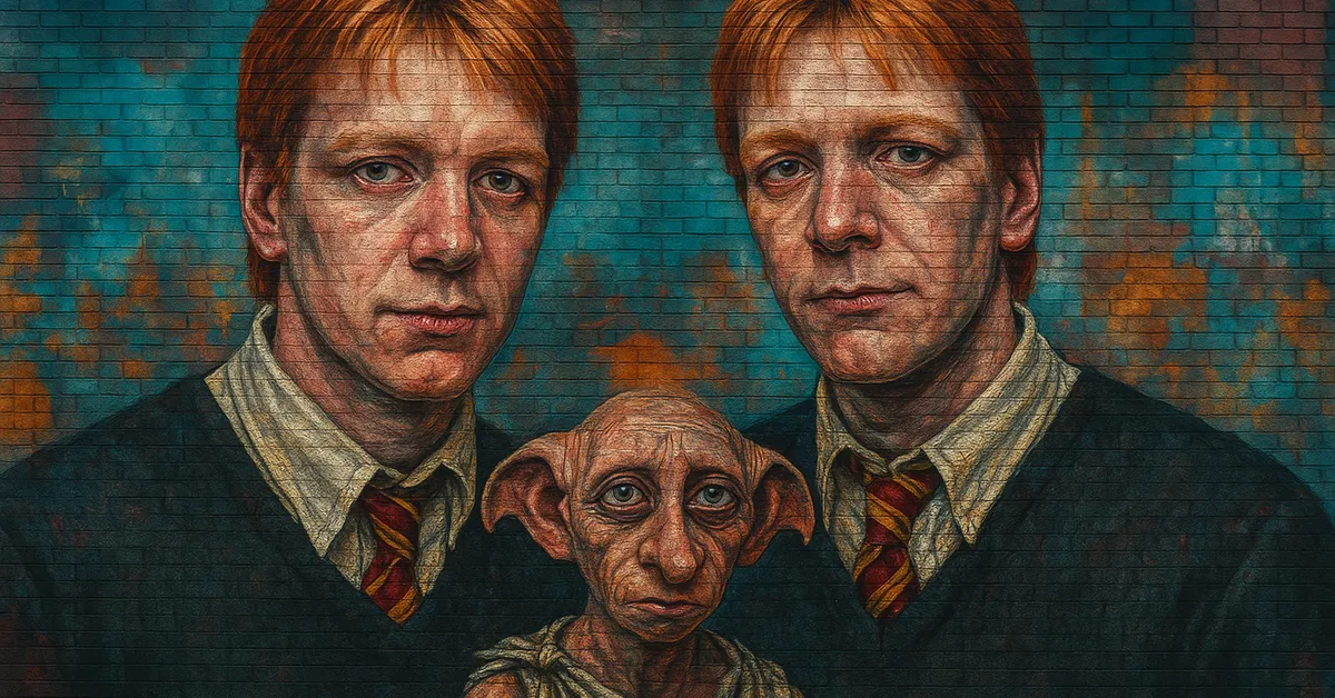 street art mural of Fred and George Weasley standing with identical serious expressions flanking a house-elf with large bat-like ears