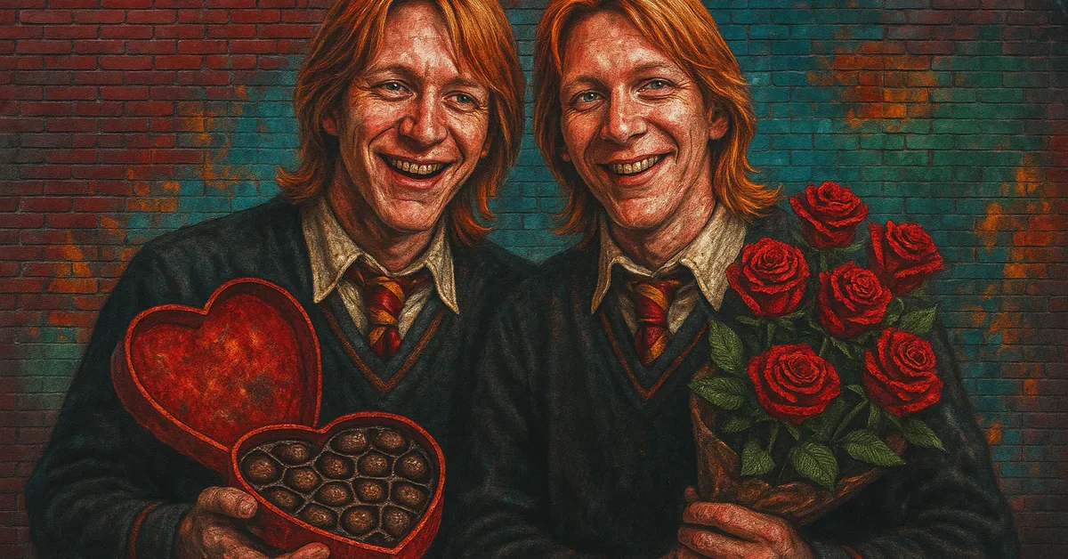 A mural of Fred and George Weasley smiling while holding a heart shaped chocolate box and a bouquet of roses