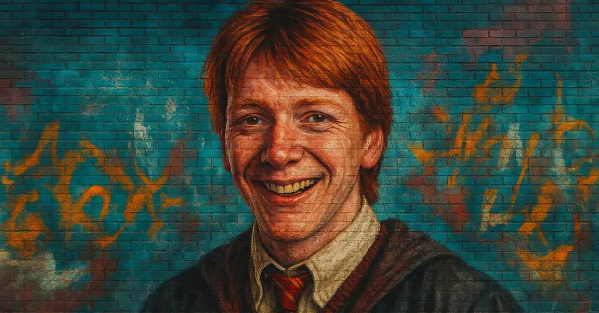 graffiti portrait of Fred Weasley smiling broadly with messy red hair and a Gryffindor tie capturing the mischievous spirit of the Weasley twin