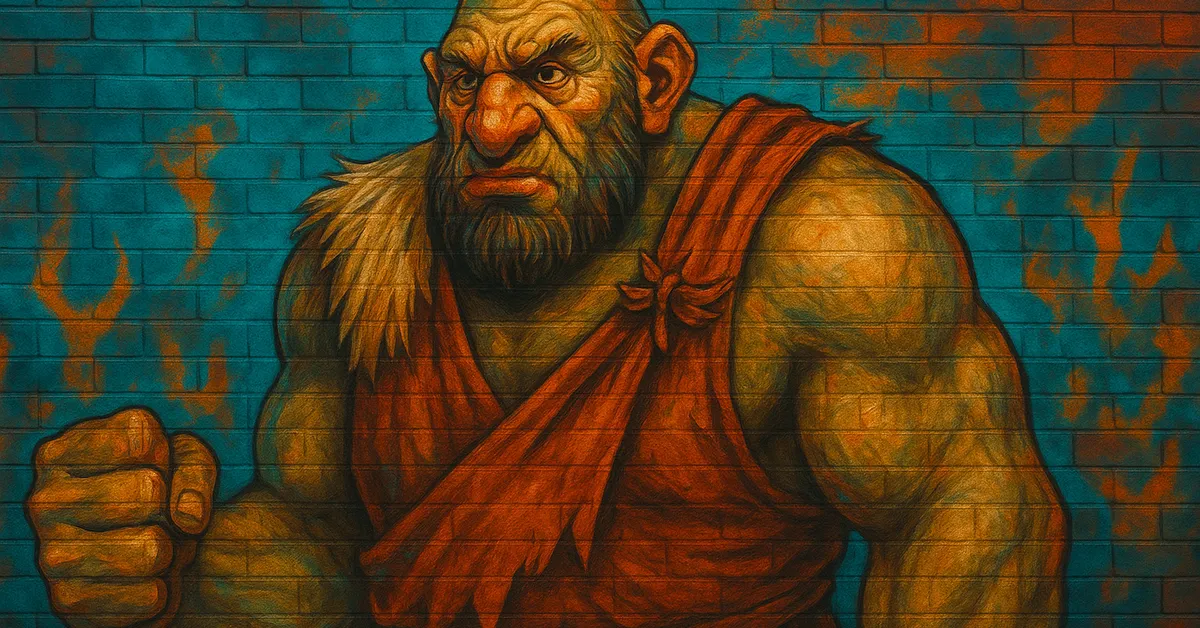 hyper-realistic mural of a massive giant with a thick beard and muscular build wearing a rough tunic representing the formidable power of the giantess Fridwulfa