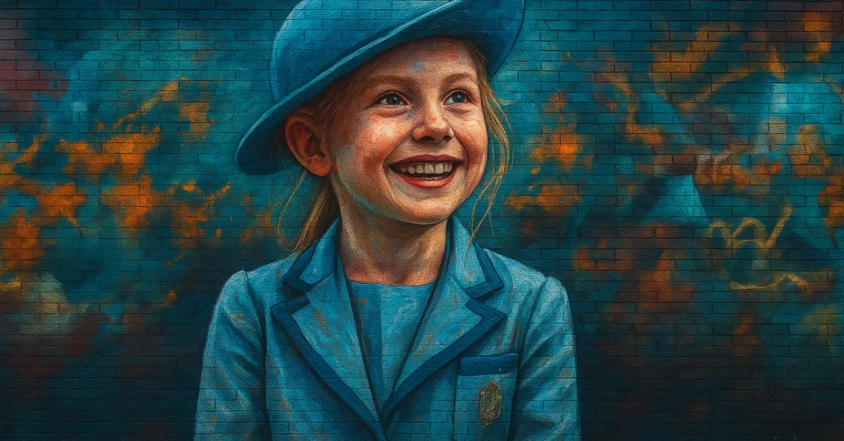 graffiti portrait of gabrielle delacour a young girl with a bright smile wearing a blue felt hat and matching coat characteristic of a beauxbatons student