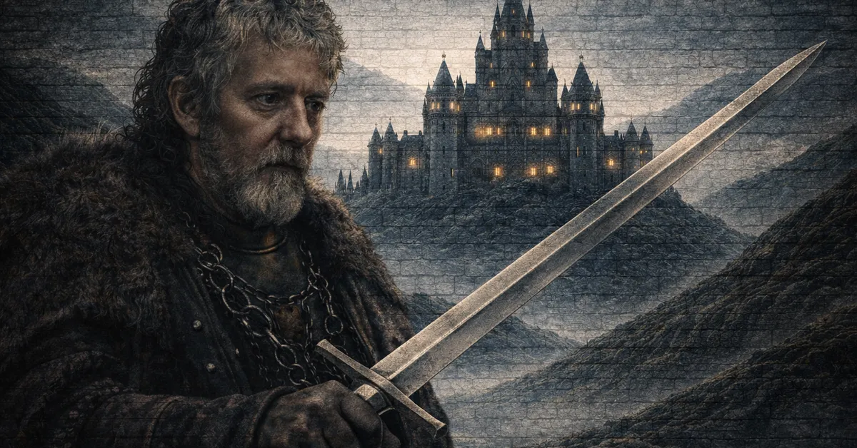 Galbart Glover runs towards battle to protect his castle in the background. the world looks calm, yet he is not