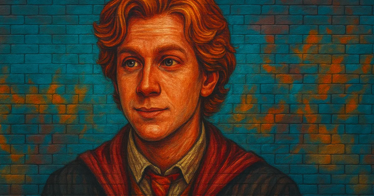 mural of garreth weasley a young wizard with wavy red hair and a mischievous smirk wearing a gryffindor tie and sweater on a brick wall