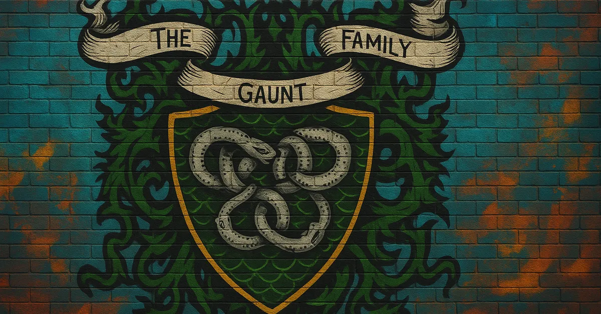 graffiti mural of the Gaunt Family crest featuring three knotted snakes on a green and gold shield topped with an ornate scroll on a brick wall