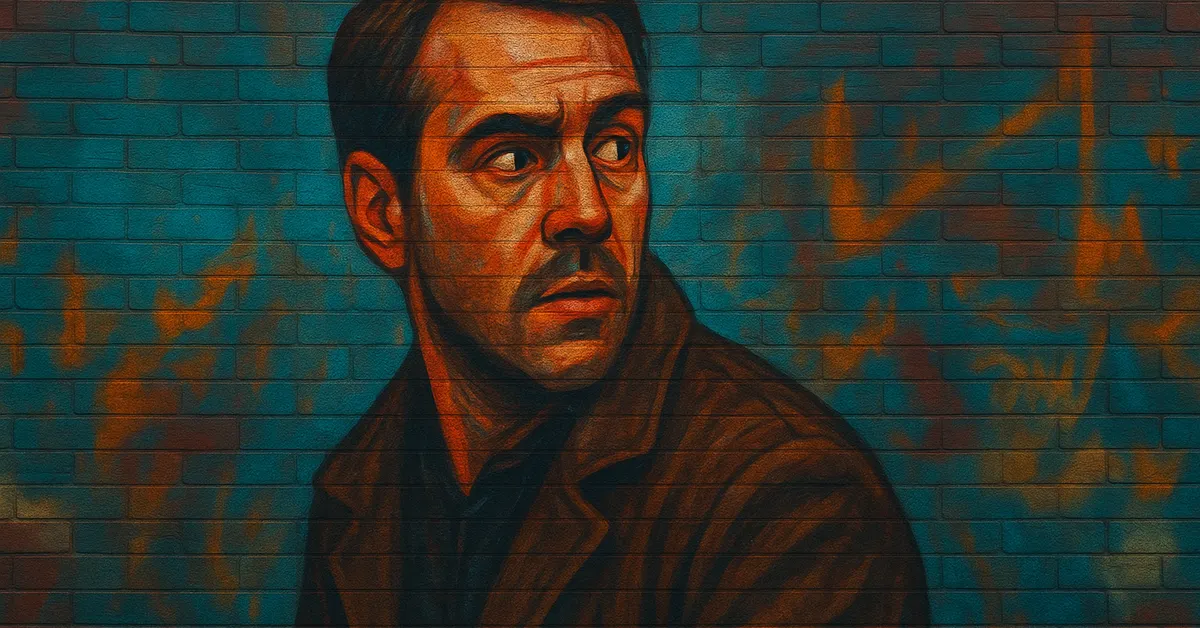 hyper-realistic street art of Gawain Robards, a stern man with a mustache and a heavy coat looking back over his shoulder with an intense gaze