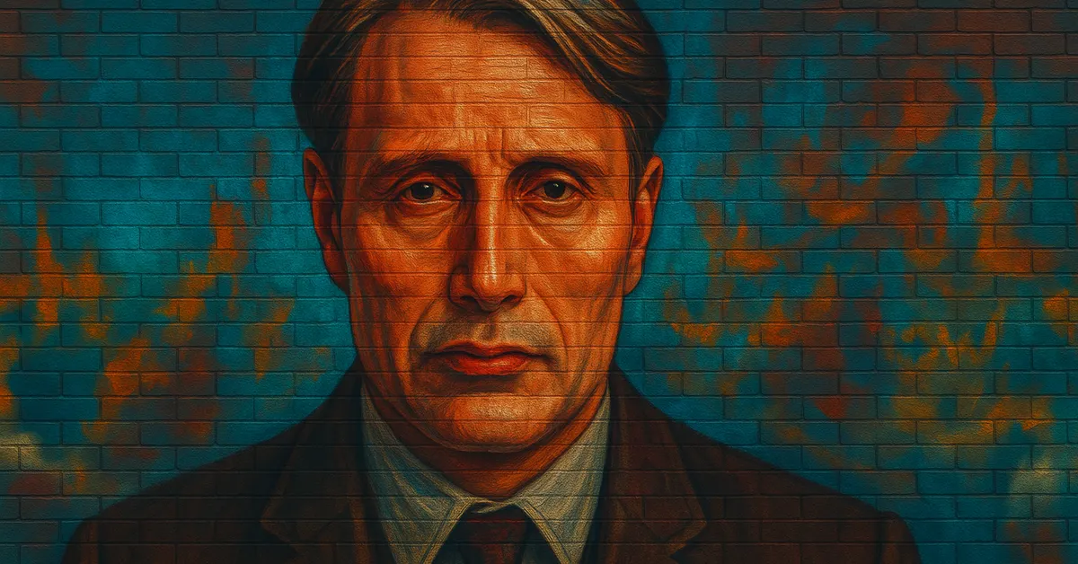 mural of Gellert Grindelwald depicted with short hair and mismatching eyes wearing a sharp suit and tie capturing his charismatic yet dangerous nature