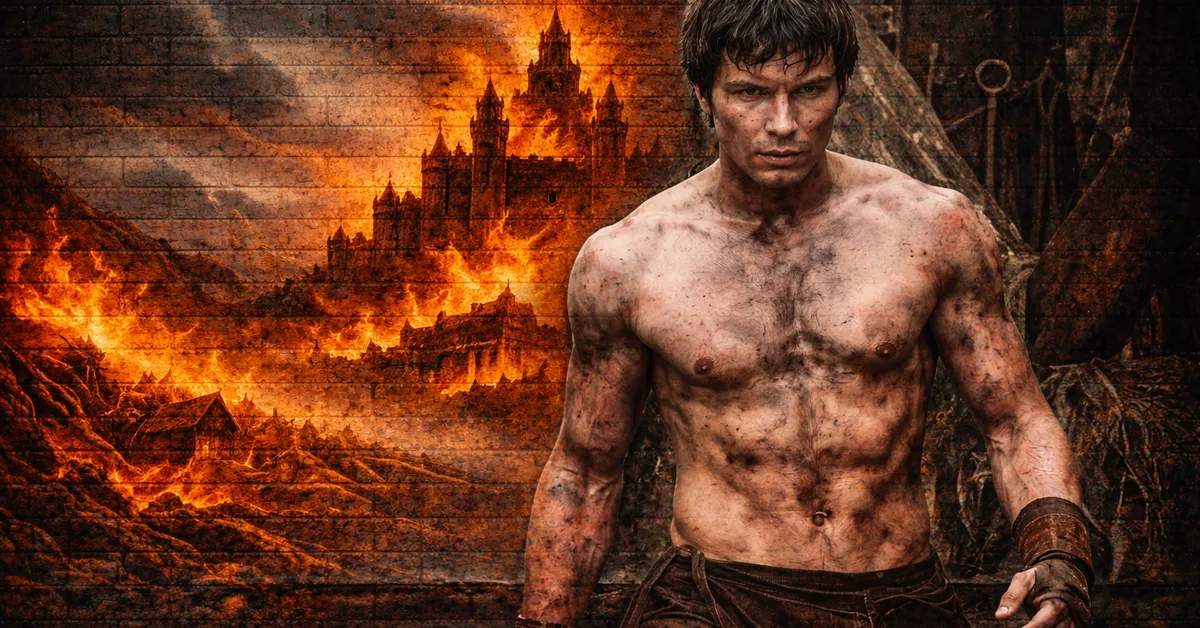 Gendry Baratheon looking fir in just pants, muscles ripped as the casstle burn in the background