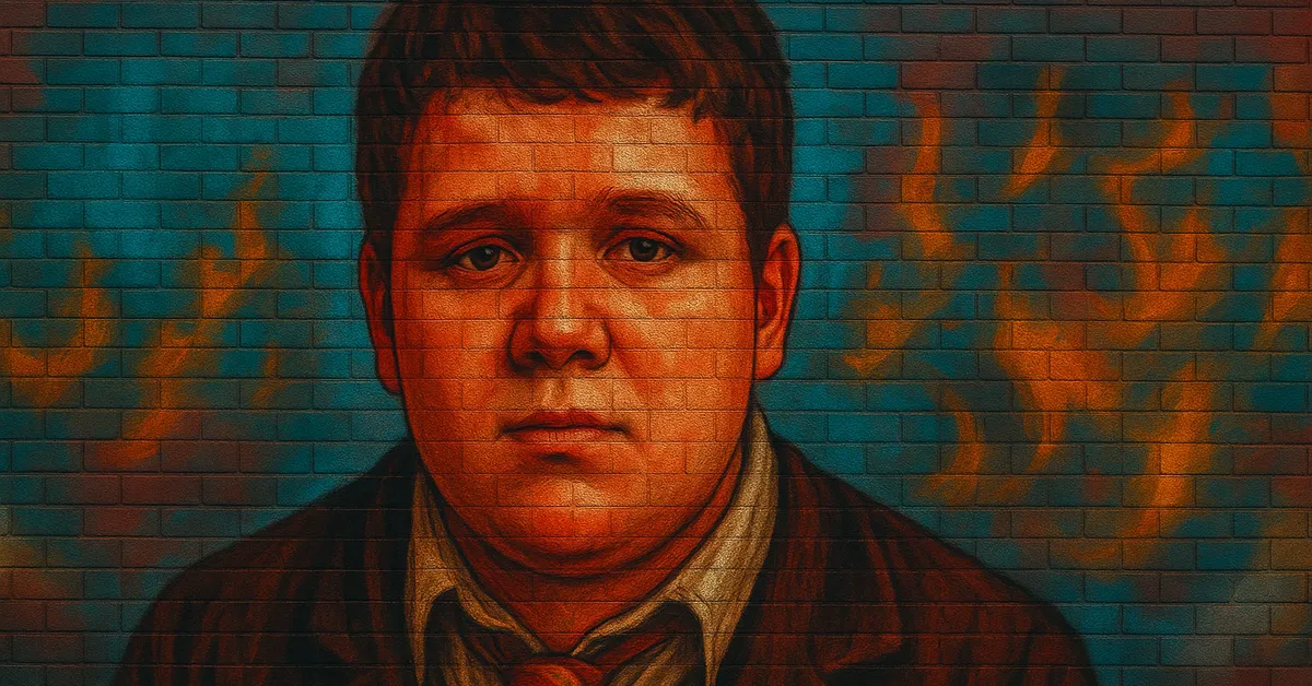 graffiti portrait of Geoffrey Hooper, a young boy with a slightly vacant expression and brown hair wearing a school tie and jacket
