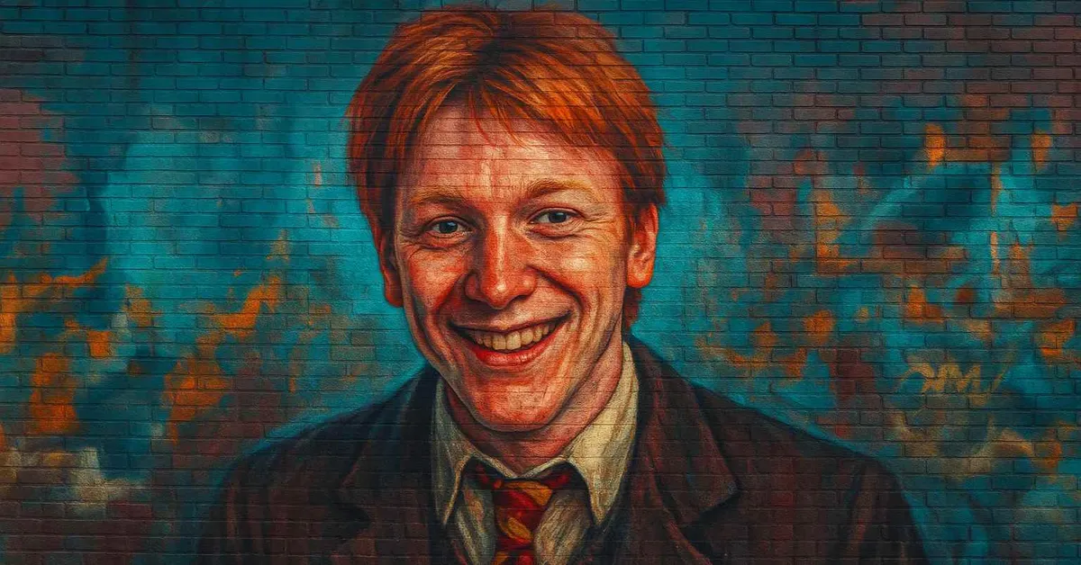 street art portrait of George Weasley smiling broadly with red hair and a Gryffindor tie capturing the mischievous spirit of the surviving twin