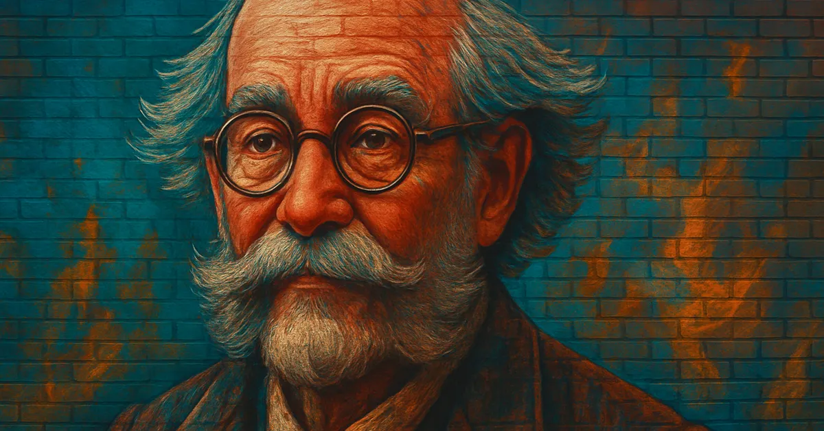 hyper-realistic painting of Gerbold Ollivander, a bald elderly man with a magnificent white handlebar mustache and round spectacles typical of the wandmaking family