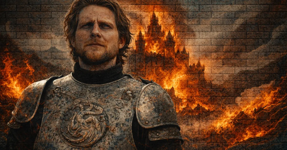 Gerold Hightower wearing his armour looking wild with rage as the castle burns across his lands