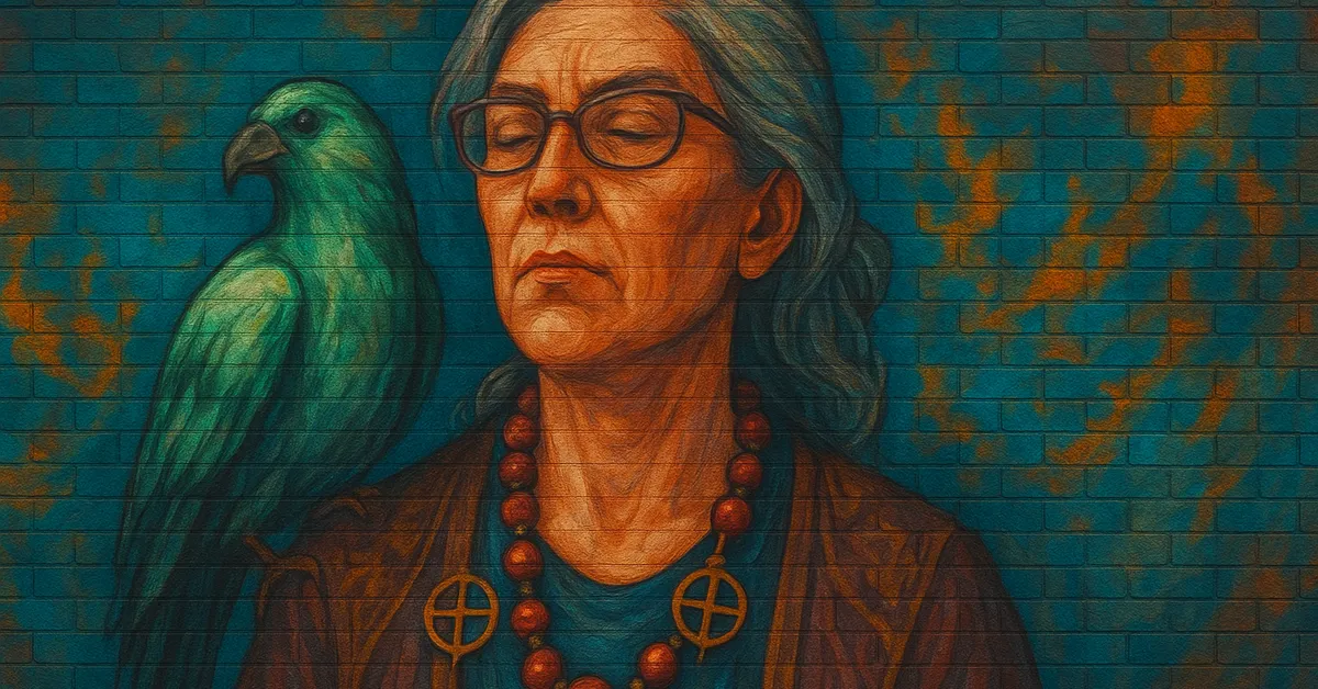 mural of Gethsemane Prickle, a serious woman with grey hair and glasses wearing a large beaded necklace with a green parrot perched on her shoulder
