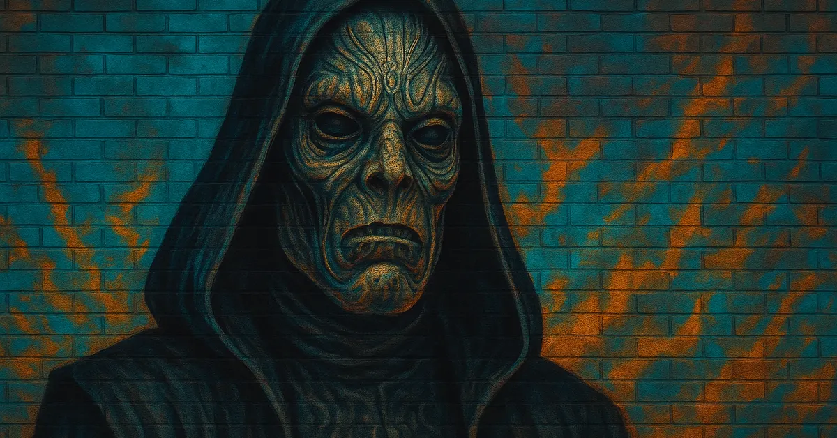 graffiti street art of Gibbon, a menacing figure hooded in darkness with a terrifying skeletal mask or face depicting a Death Eater