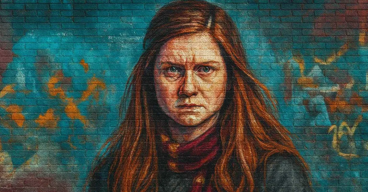 graffiti portrait of Ginevra Weasley featuring a red-haired woman with a fierce determination in her eyes wearing a maroon scarf on a textured wall